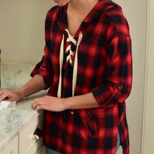 SHE + SKY PLAID HOOED TOP
